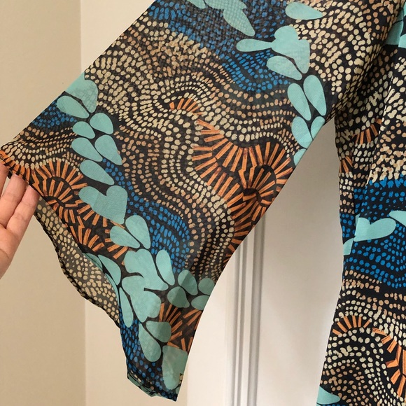 NWT Robbie Bee Tribal Blue Tan 3/4 Sleeve Mini Dress 10 Boho Bohemian - Picture 6 of 10